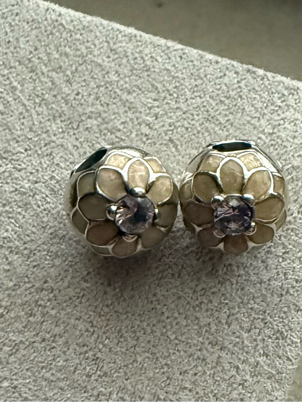 Pandora Silver Floral Clip Charms with Light Purple Stone